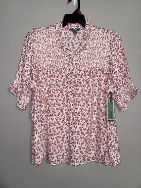 Terra & Sky Pink Floral Short Sleeve Button Up Blouse 2X BNWT